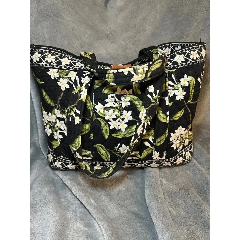 Vera Bradley Jasmine Toggle Tote Black White Floral Quilted Made USA